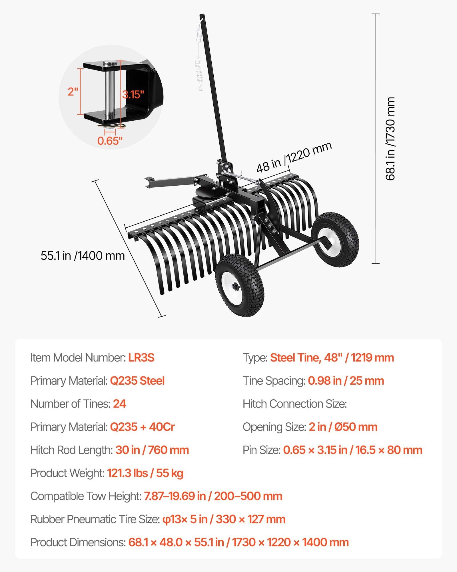 122 cm Tow Behind Landscape Rake, Pull Behind Lawn Rock Rakes for ATV Mower Tractors, 24 Durable Steel Tines, Adjustable Height & Angle, Heavy Duty Dethatcher Rake for Leaves Debris
