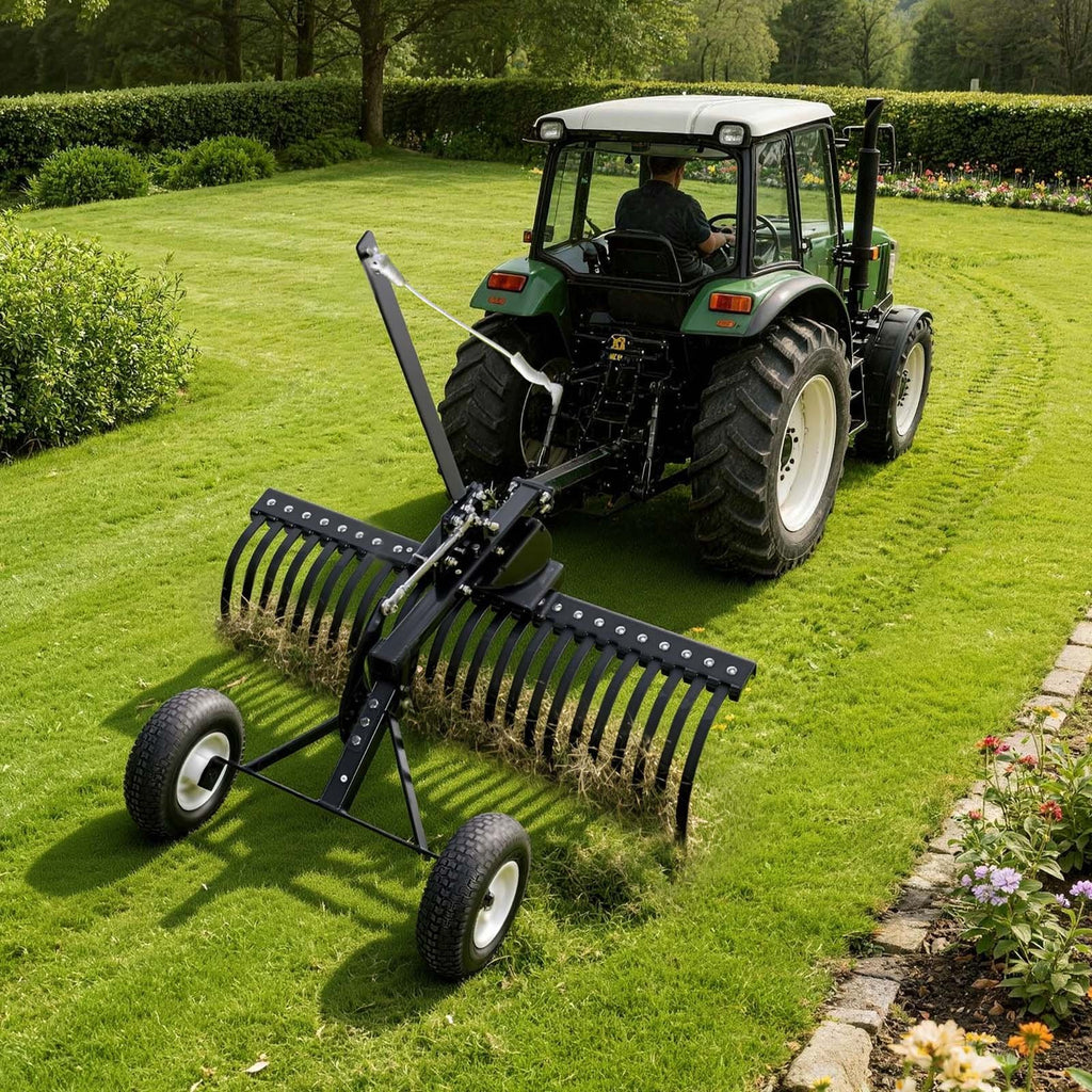 122 cm Tow Behind Landscape Rake, Pull Behind Lawn Rock Rakes for ATV Mower Tractors, 24 Durable Steel Tines, Adjustable Height & Angle, Heavy Duty Dethatcher Rake for Leaves Debris