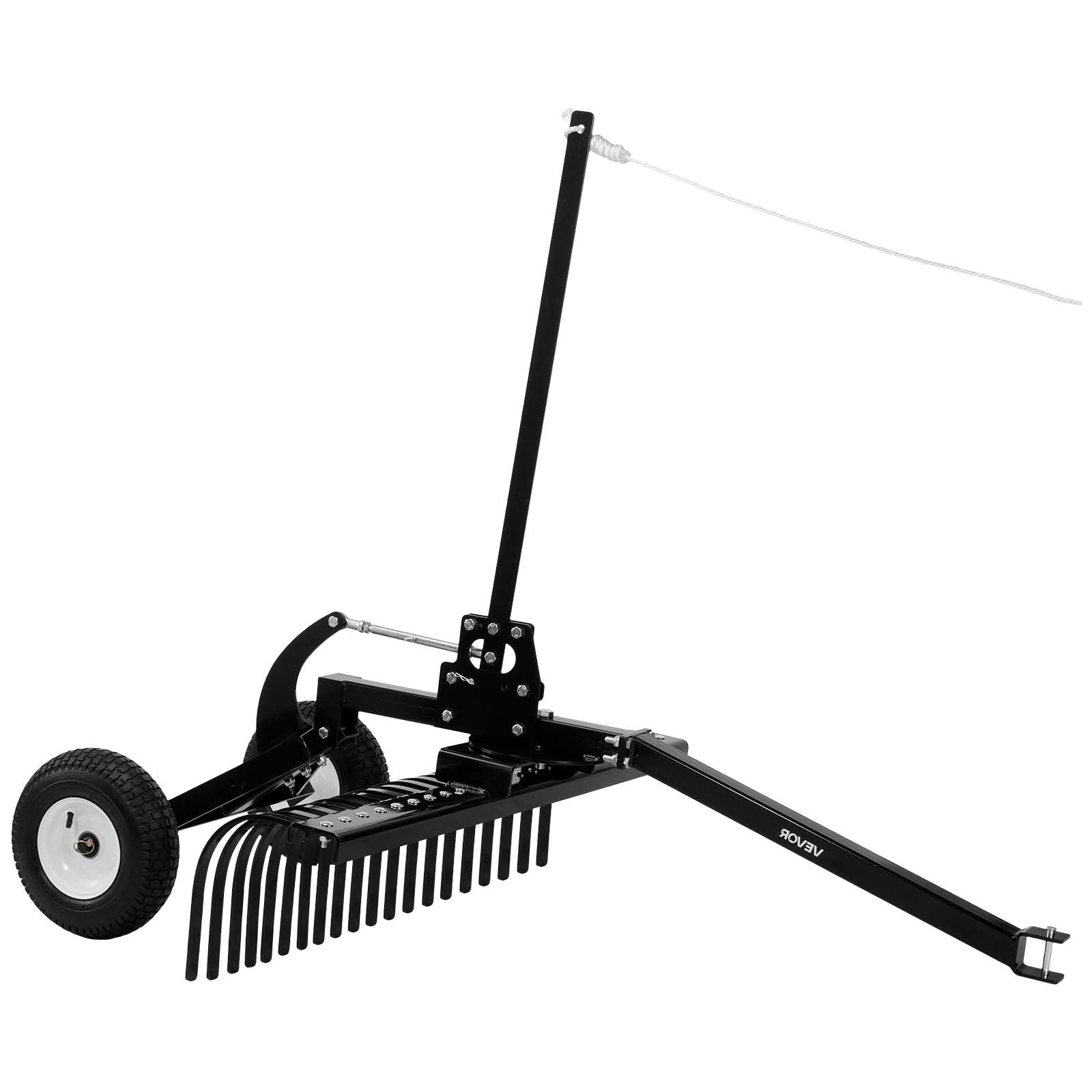 122 cm Tow Behind Landscape Rake, Pull Behind Lawn Rock Rakes for ATV Mower Tractors, 24 Durable Steel Tines, Adjustable Height & Angle, Heavy Duty Dethatcher Rake for Leaves Debris