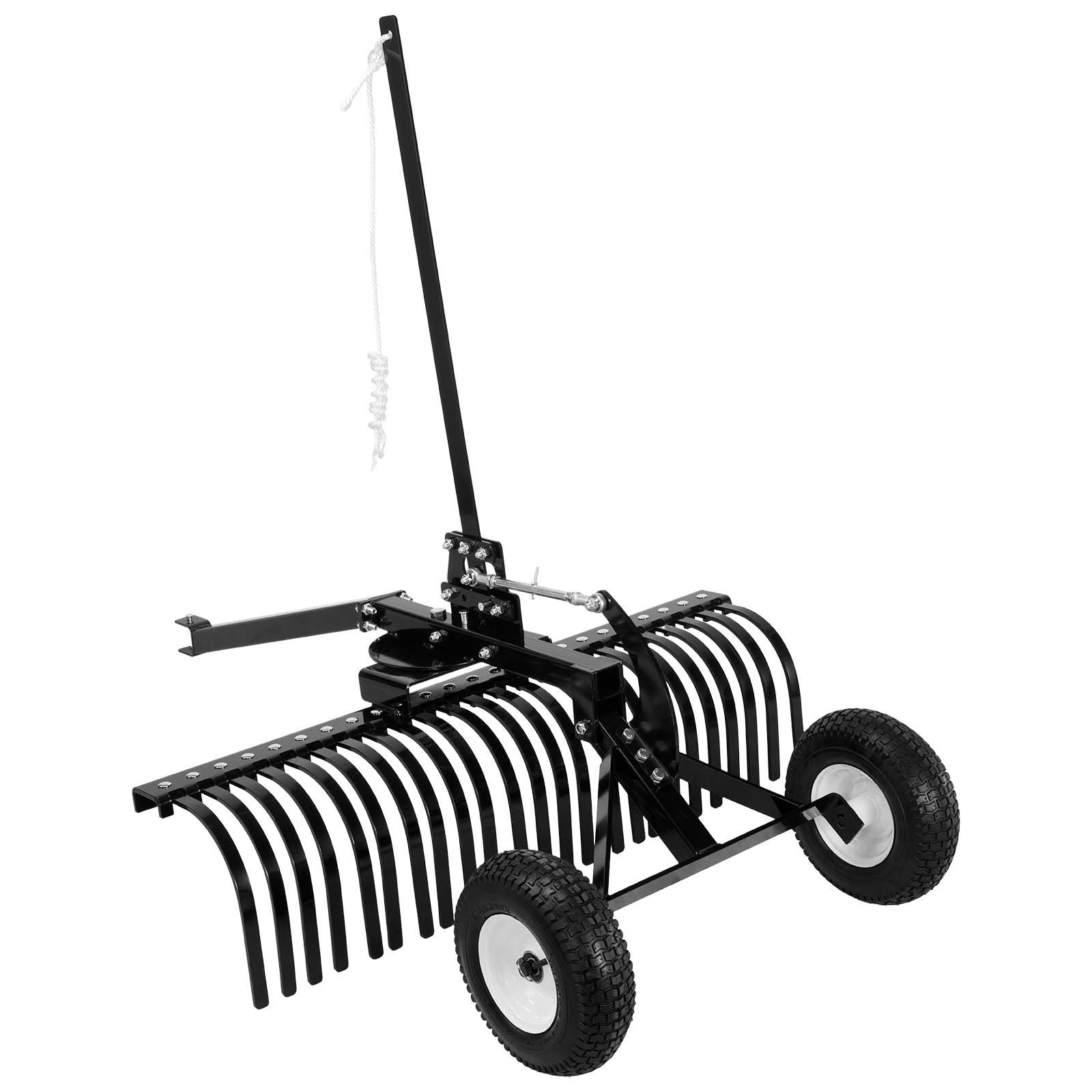 122 cm Tow Behind Landscape Rake, Pull Behind Lawn Rock Rakes for ATV Mower Tractors, 24 Durable Steel Tines, Adjustable Height & Angle, Heavy Duty Dethatcher Rake for Leaves Debris