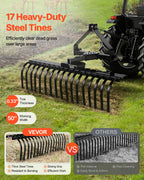 127 cm Lanscape Rock Rake, 3-Point Tow Behind Landscape Rake with 17 Steel Tines, Fit Category 1 Tractors, Angle Adjustable, Heavy Duty Lawn Dethatcher Rake for Grass Branch Debris