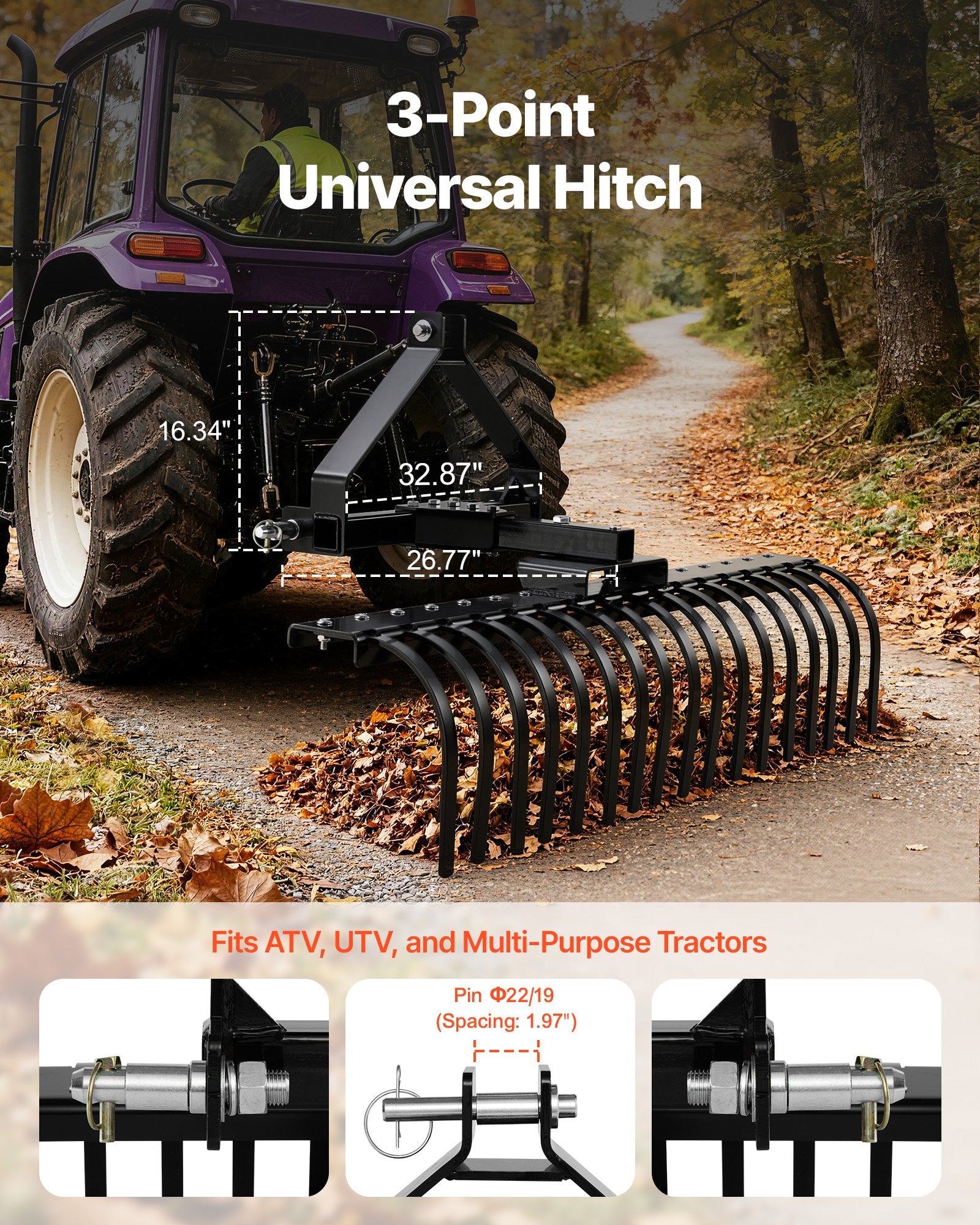 127 cm Lanscape Rock Rake, 3-Point Tow Behind Landscape Rake with 17 Steel Tines, Fit Category 1 Tractors, Angle Adjustable, Heavy Duty Lawn Dethatcher Rake for Grass Branch Debris