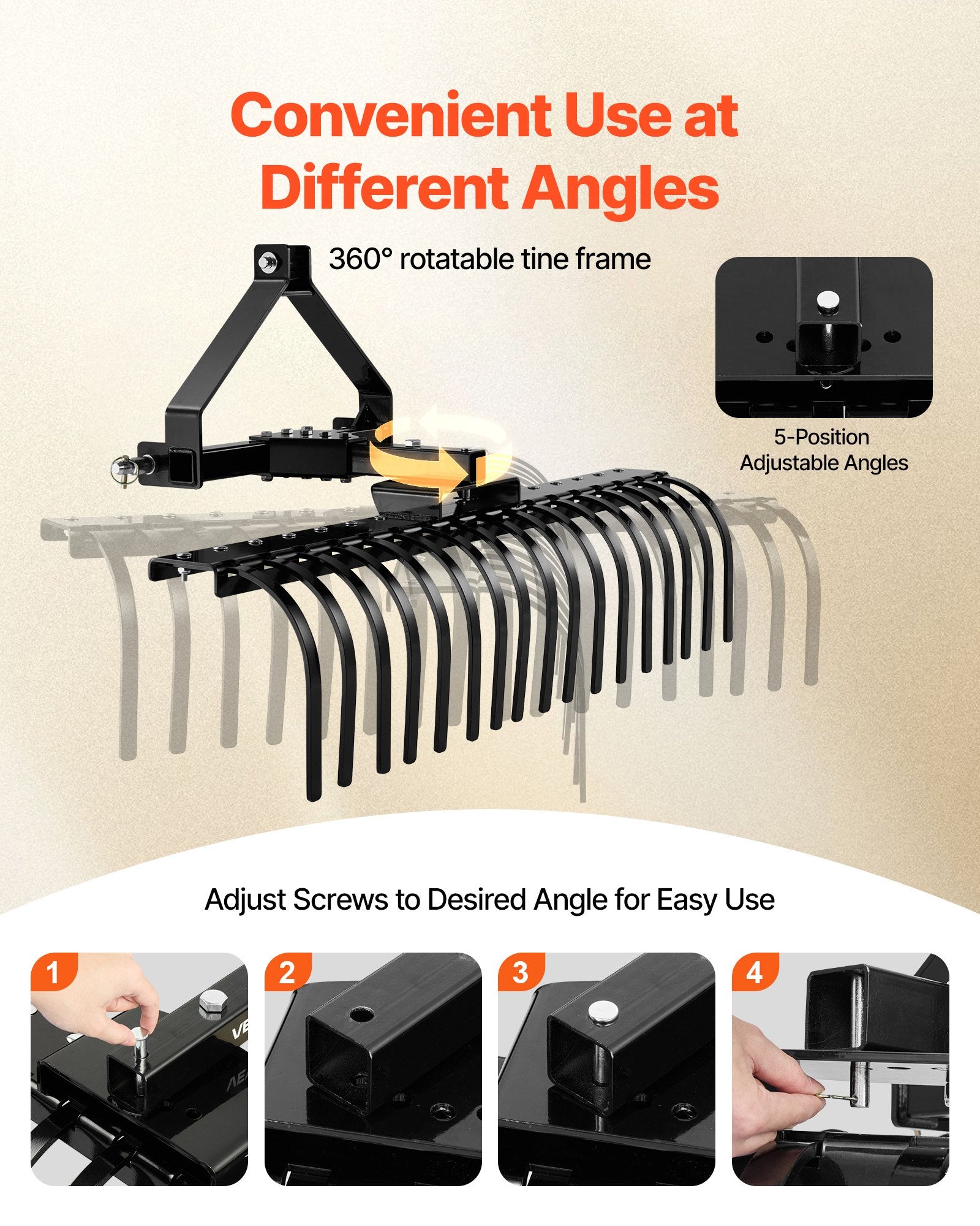 127 cm Lanscape Rock Rake, 3-Point Tow Behind Landscape Rake with 17 Steel Tines, Fit Category 1 Tractors, Angle Adjustable, Heavy Duty Lawn Dethatcher Rake for Grass Branch Debris