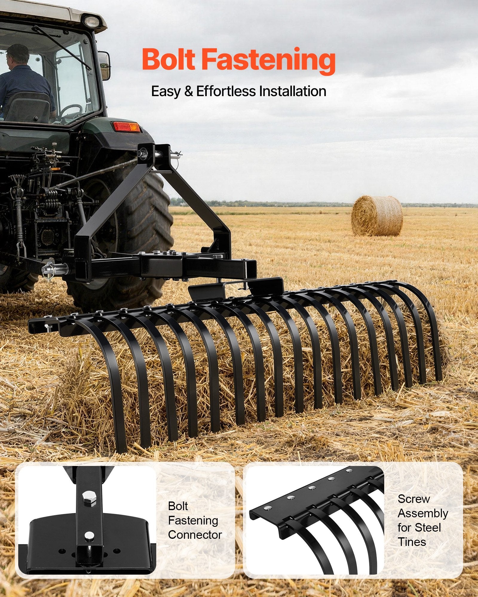 127 cm Lanscape Rock Rake, 3-Point Tow Behind Landscape Rake with 17 Steel Tines, Fit Category 1 Tractors, Angle Adjustable, Heavy Duty Lawn Dethatcher Rake for Grass Branch Debris