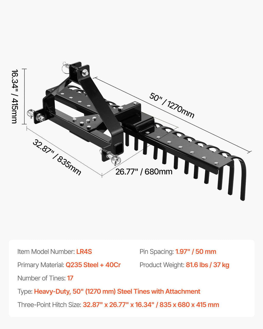127 cm Lanscape Rock Rake, 3-Point Tow Behind Landscape Rake with 17 Steel Tines, Fit Category 1 Tractors, Angle Adjustable, Heavy Duty Lawn Dethatcher Rake for Grass Branch Debris