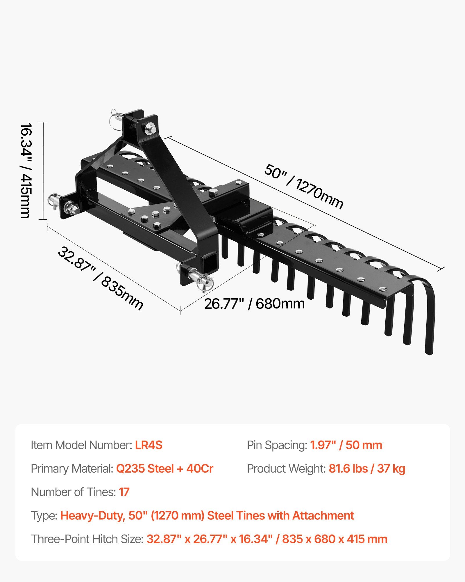 127 cm Lanscape Rock Rake, 3-Point Tow Behind Landscape Rake with 17 Steel Tines, Fit Category 1 Tractors, Angle Adjustable, Heavy Duty Lawn Dethatcher Rake for Grass Branch Debris