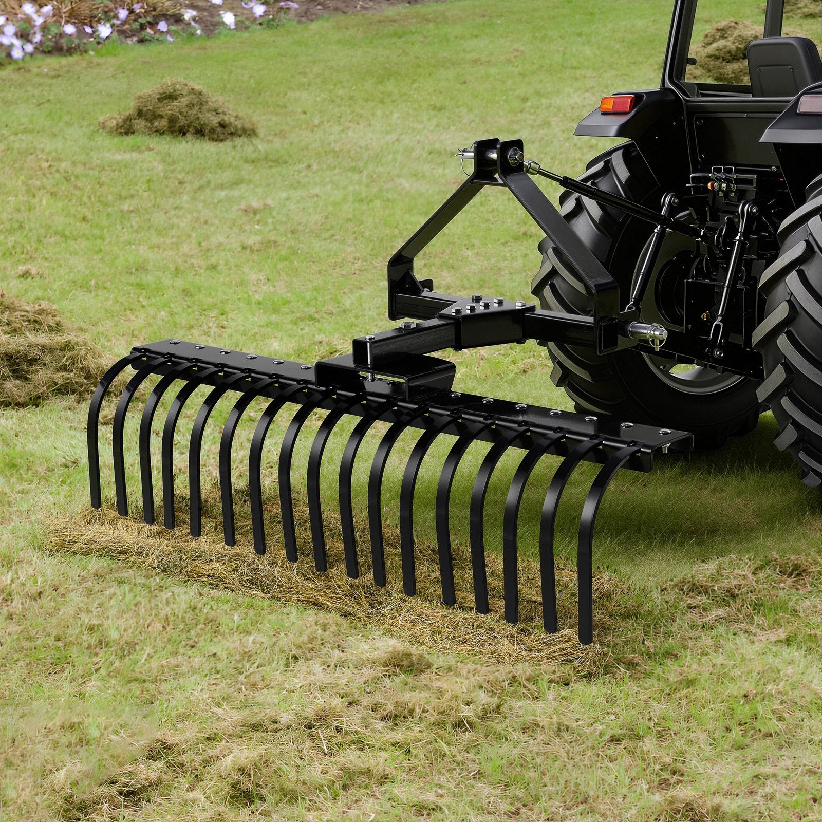 127 cm Lanscape Rock Rake, 3-Point Tow Behind Landscape Rake with 17 Steel Tines, Fit Category 1 Tractors, Angle Adjustable, Heavy Duty Lawn Dethatcher Rake for Grass Branch Debris