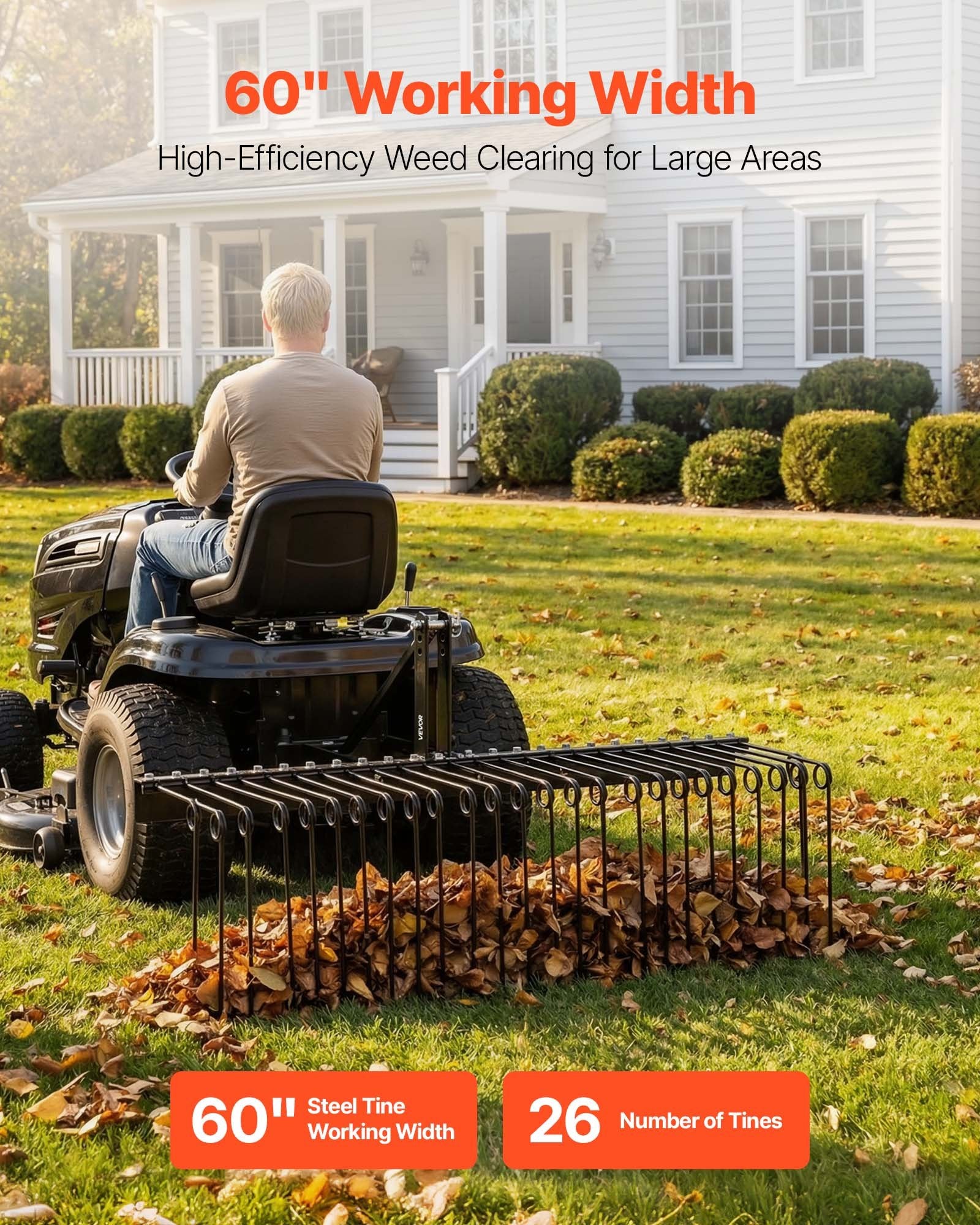 150 cm Tow Behind Landscape Rake, 3 Point Hitch Lawn Dethatcher Rake, 26 Spring Steel Tines, for Category 1 Tractors, Heavy Duty & Rust-Resistant Rakes Tractor Attachments for Leaves Pine Needles
