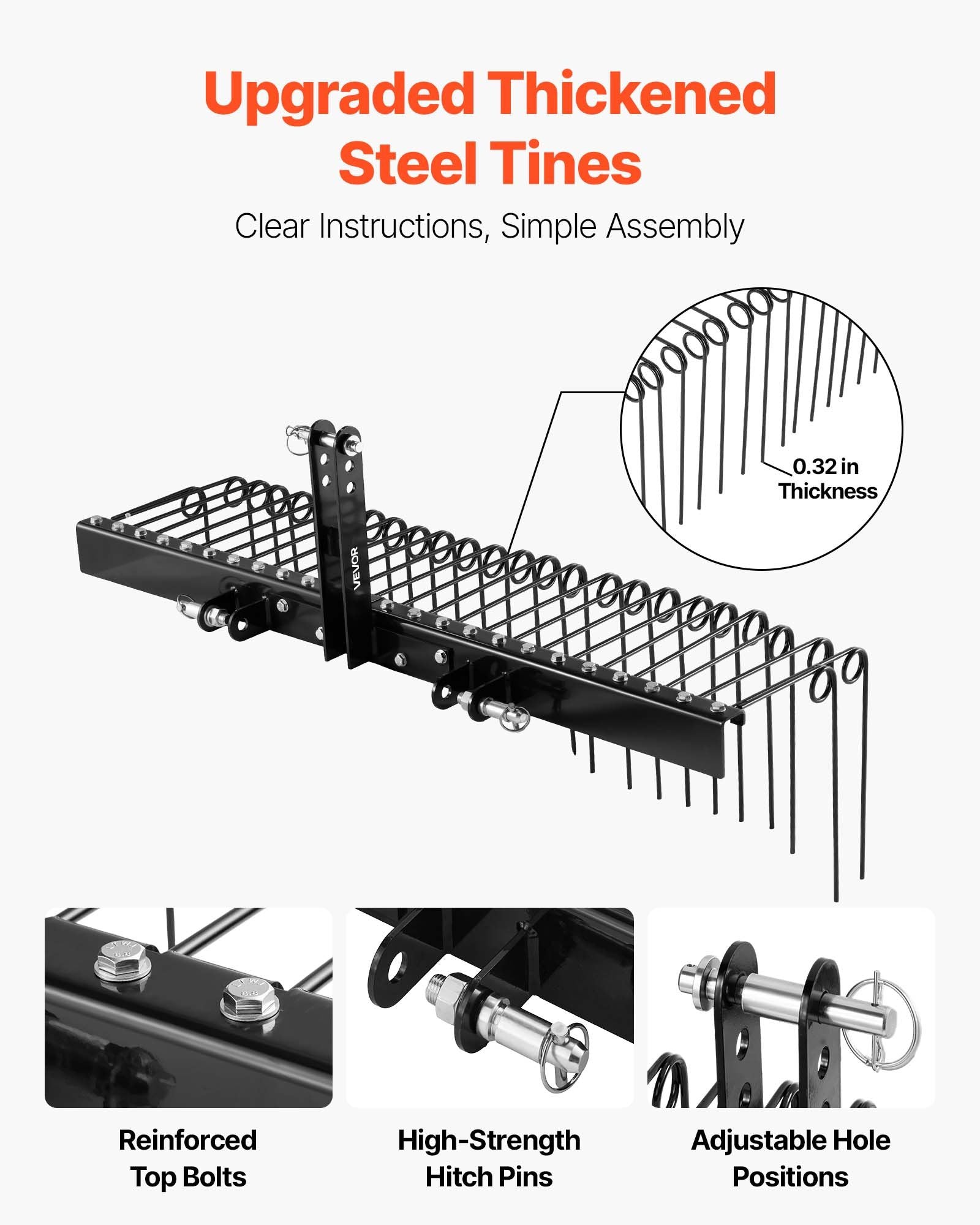 150 cm Tow Behind Landscape Rake, 3 Point Hitch Lawn Dethatcher Rake, 26 Spring Steel Tines, for Category 1 Tractors, Heavy Duty & Rust-Resistant Rakes Tractor Attachments for Leaves Pine Needles