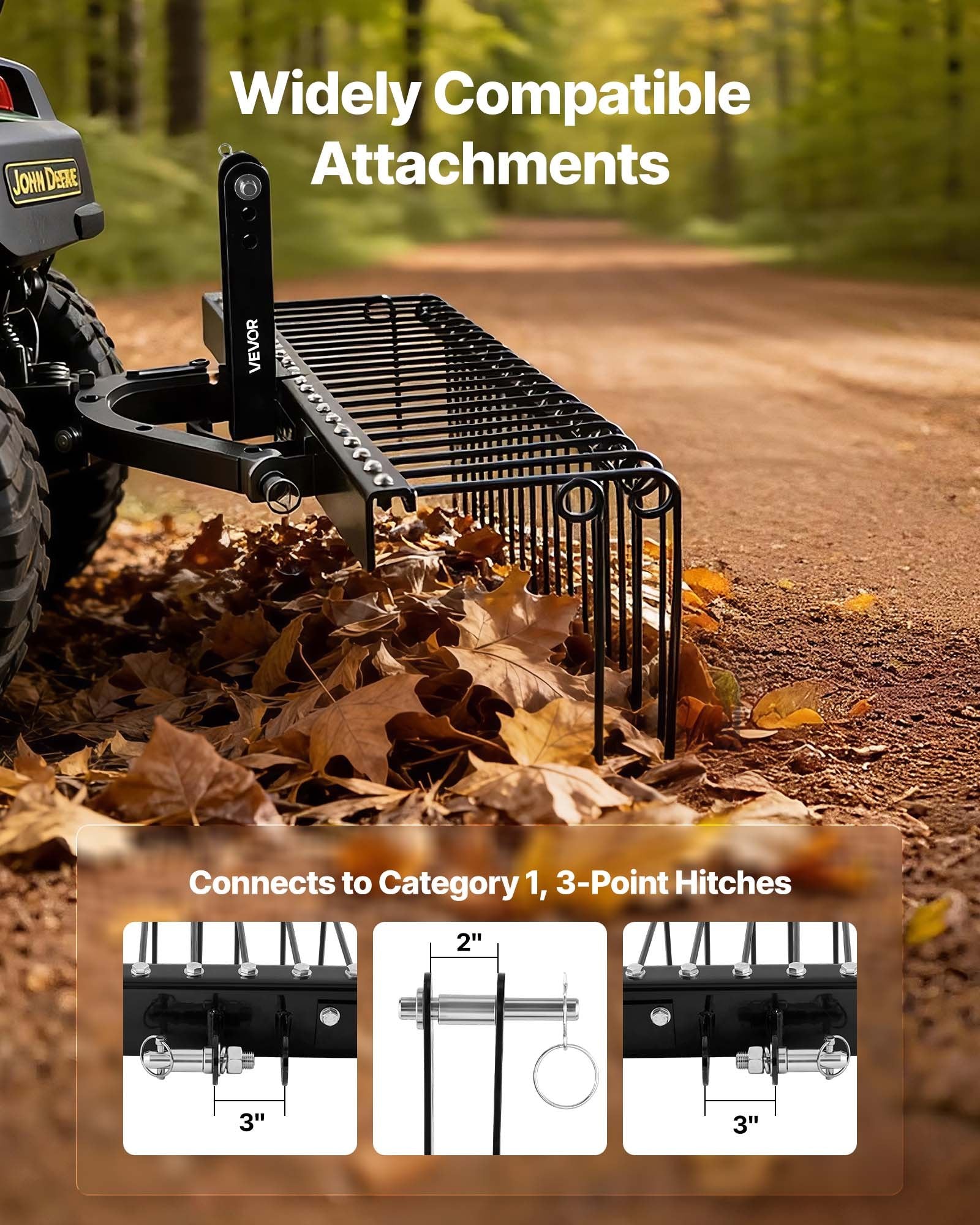 150 cm Tow Behind Landscape Rake, 3 Point Hitch Lawn Dethatcher Rake, 26 Spring Steel Tines, for Category 1 Tractors, Heavy Duty & Rust-Resistant Rakes Tractor Attachments for Leaves Pine Needles